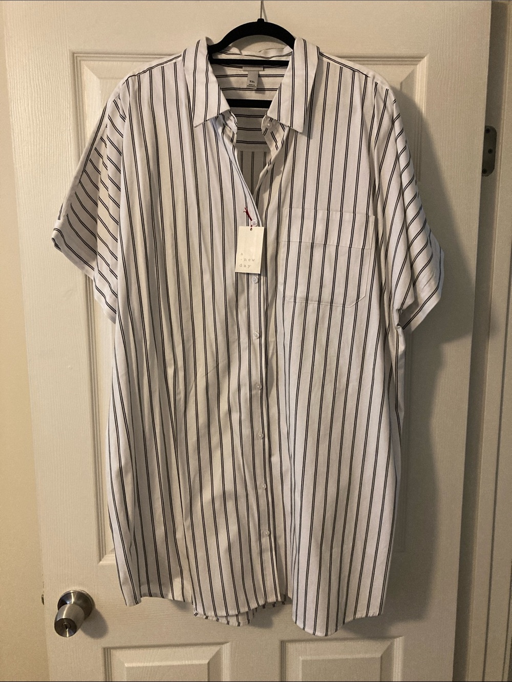a new day White Button-Down Shirt Dress with Black Vertical Stripes